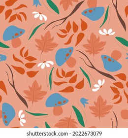 Autumn seamless pattern with leaves, flowers and mushrooms on orange background. Seasonal colors.