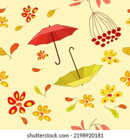 Autumn seamless pattern. Autumn leaves, flowers, rowan berries. Autumn concept, vector