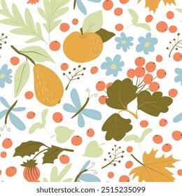 Autumn seamless pattern with leaves, fruits and berries on a light background