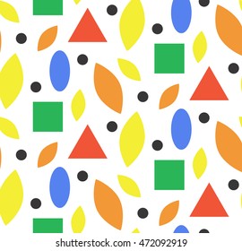 Autumn seamless pattern with leaves and geometric shapes. Vector background in orange and white colors. Can be used for wallpaper, pattern fills, surface textures, fabric prints.