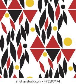 Autumn seamless pattern with leaves and geometric shapes. Vector background in orange and white colors. Can be used for wallpaper, pattern fills, surface textures, fabric prints.