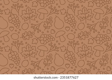 autumn seamless pattern with leaves, hazelnuts, grapes, pears, plums, and musrooms- vector illustration