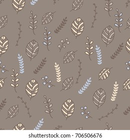 Autumn seamless pattern with leaves and herbs.Trendy doodle wallpaper