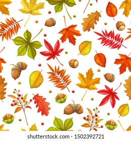 Autumn seamless pattern with leaves maple, oak, elm, chestnut or Japanese maple, rhus typhina and autumn berries. Fall vector illustration.
