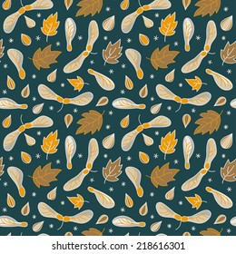 Autumn seamless pattern with leaves and maple seed pods.