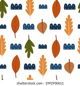 Autumn seamless pattern with leaves. Modern fall seasonal decor. Endless background for fabric, textile, kids design. Vector illustration.