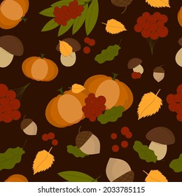 Autumn seamless pattern with leaves, mountain ash, mushrooms, pumpkin, acorns on a brown background