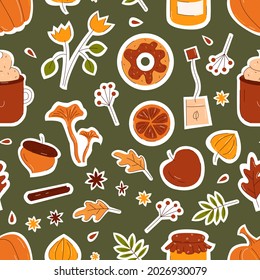 Autumn seamless pattern with leaves, mushrooms, pumpkin in flat hand drawn style. Vector stock illustration