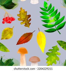 Autumn seamless pattern with leaves and mushrooms illustration