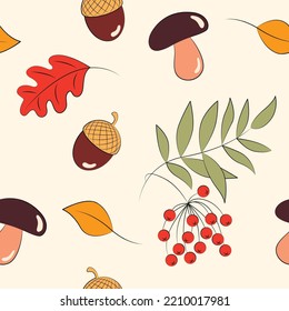 Autumn seamless pattern. Leaves, mushrooms, rowan berries and acorns on a pastel background. Pattern for creative use as a print on fabric or paper. Vector illustration.