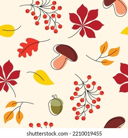 Herbstnahtloses Muster. Blätter, Pilze und Robbenbeeren. Muster für den Druck auf Stoff oder Papier. Vektorgrafik.