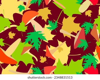 Autumn seamless pattern with leaves and mushrooms. Leaf fall, maple and oak leaves with different mushrooms. Design for wallpaper, print, typography and wrappers. Vector illustration