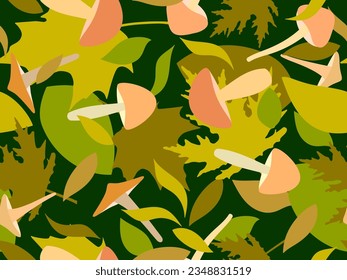 Autumn seamless pattern with leaves and mushrooms. Leaf fall, maple and oak leaves with different mushrooms. Design for wallpaper, print, typography and wrappers. Vector illustration