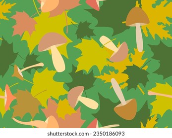 Autumn seamless pattern with leaves and mushrooms. Leaf fall, maple and oak leaves with different mushrooms. Design for wallpaper, print, typography and wrappers. Vector illustration