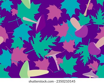 Autumn seamless pattern with leaves and mushrooms. Leaf fall, maple and oak leaves with different mushrooms. Design for wallpaper, print, typography and wrappers. Vector illustration
