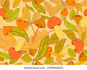 Autumn seamless pattern with leaves and mushrooms. Leaf fall, maple and oak leaves with different mushrooms. Design for wallpaper, print, typography and wrappers. Vector illustration