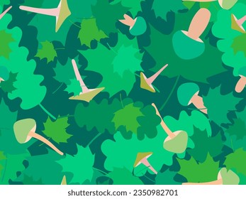 Autumn seamless pattern with leaves and mushrooms. Leaf fall, maple and oak leaves with different mushrooms. Design for wallpaper, print, typography and wrappers. Vector illustration