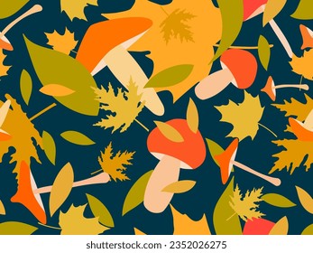 Autumn seamless pattern with leaves and mushrooms. Leaf fall, maple and oak leaves with different mushrooms. Design for wallpaper, print, typography and wrappers. Vector illustration