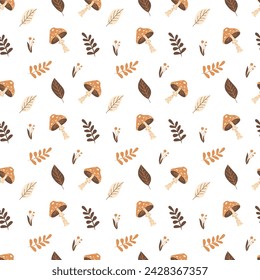 Autumn seamless pattern with leaves and mushrooms on a white background. Pattern for fabric, wrapping paper, textile, wallpaper and clothing. Vector illustration