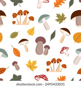 Autumn seamless pattern. Autumn leaves and mushrooms background.