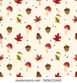 Autumn Seamless Pattern with Leaves, Mushrooms, and Acorns background, wallpaper with hand drawn for banners, cards, flyers, social media wallpapers, etc. vector illustration