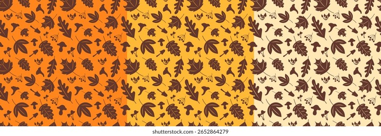 Padrão sem emenda de outono com folhas, cogumelos e bagas. Textura botânica de queda definida em cor laranja, amarelo e bege. Natureza sazonal fundo para embrulhar, têxtil, scrapbook, embalagem.