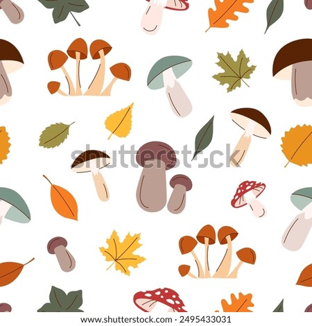 Autumn seamless pattern. Autumn leaves and mushrooms background.
