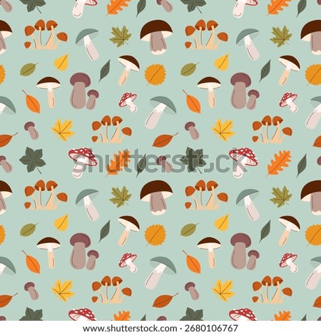 Autumn seamless pattern. Autumn leaves and mushrooms background. Vector flat illustration.