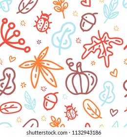 Autumn Seamless pattern with leaves, oak and bugs for bold design collection. Modern line art style