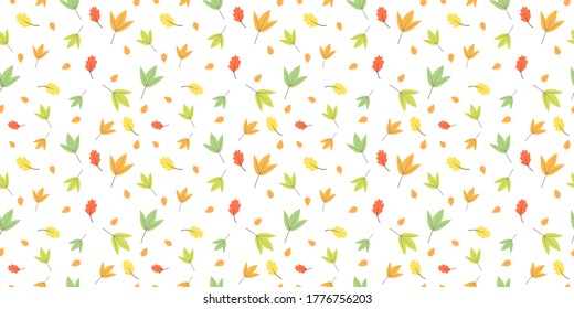 Autumn seamless pattern, Autumn leaves on a white background, Abstract leaf texture.	