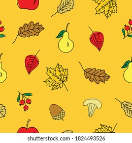 Patrón otoñal sin fisuras con hojas, pera, setas, bayas. Patrón sin fisuras de Acción de Gracias para envoltura, tela, papel pintado, textil