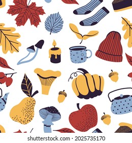 Autumn seamless pattern with leaves, pumpkin, berries, mushroom, tea pot, mug apple, pear. Hand drawn vector illustration in scandinavian style, cozy reapet background