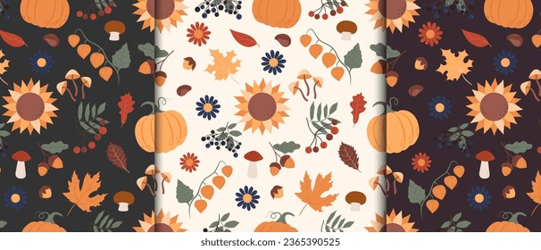 Autumn seamless pattern with leaves, pumpkin, acorns, mushrooms. Design with hand drawn autumn elements.