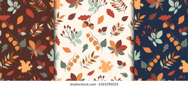 Autumn seamless pattern with leaves, pumpkin, acorns, mushrooms. Design with hand drawn autumn elements. 