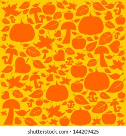 Autumn seamless pattern with leaves, pumpkins and mushrooms. Vector Illustration