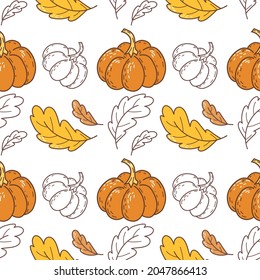 Autumn seamless pattern with autumn leaves and pumpkins. Vector illustration for wrapping paper, textiles, banners. 