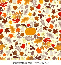 Autumn seamless pattern with leaves, pumpkins, berries, mushrooms and acorns on a light background