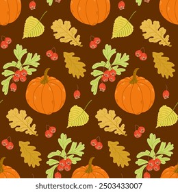 Autumn seamless pattern with autumn leaves, red berries and pumpkin. Hand drawn flat style. Simple botanical illustration on dark background. Perfect for textile and wrapping. Dark theme