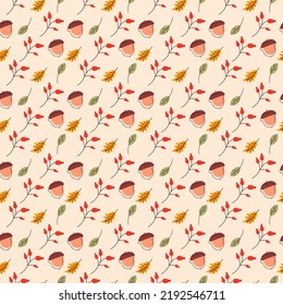 Herbstnahtloses Muster mit Blättern, Rosenhippen und Akkorden, Vektorgrafik für Designs