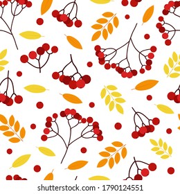 Patrón sin fisuras de otoño. Hojas y rowan.  Papel digital. Fondo vectorial. 