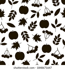 Autumn seamless pattern. Leaves, rowan and apples.  Digital paper. Vector background. 