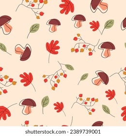 Autumn Seamless Pattern with leaves, rowanberry and mushroom. Vector Background