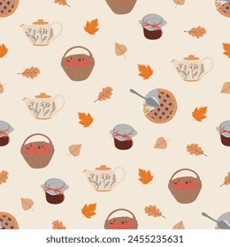 Autumn seamless pattern with leaves, saeson pie, basket of apple, jam, teapot. Cozy fall hand drawn isolated elements in vintage style. Warm colors, cartoon fall design