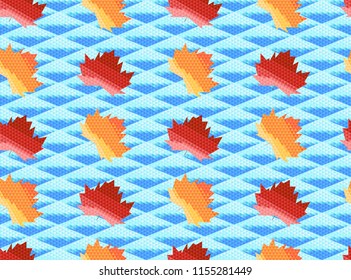 Autumn seamless pattern with leaves and sky composed of red, yellow and blue triangles 