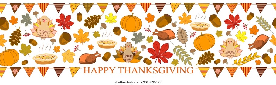 Autumn seamless pattern with leaves, turkey, pumpkin, cake, garland, acorns, mushrooms, berries on white. Happy Thanksgiving festive vector border. 