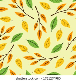 Autumn seamless pattern with leaves, twigs, decorative elements on a neutral background.  season. vector flat style. hand drawing. design for fabric, textile, print, wrapper