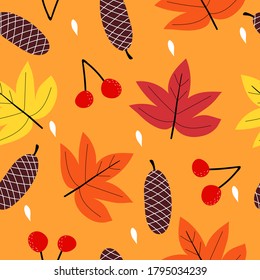 Autumn seamless pattern with leaves, twigs, fir-cones, decorative elements on a neutral background. season. vector flat style. hand drawing. design for fabric, textile, print, wrapper