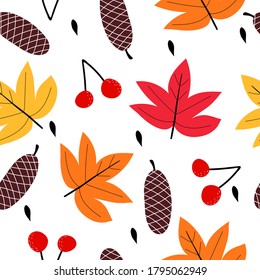 Autumn seamless pattern with leaves, twigs, fir-cones, decorative elements. season. vector flat style. hand drawing. design for fabric, textile, print, wrapper