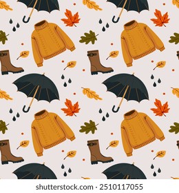 Otoño sin patrón con hojas, paraguas, botas y suéter de punto sobre fondo claro Ilustración para el Fondo de pantalla, papel de embalaje, tela, vacaciones de temporada estilo de Vector
