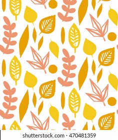 Autumn seamless pattern with leaves. Vector background in orange and white colors. Can be used for wallpaper, pattern fills, surface textures, fabric prints.